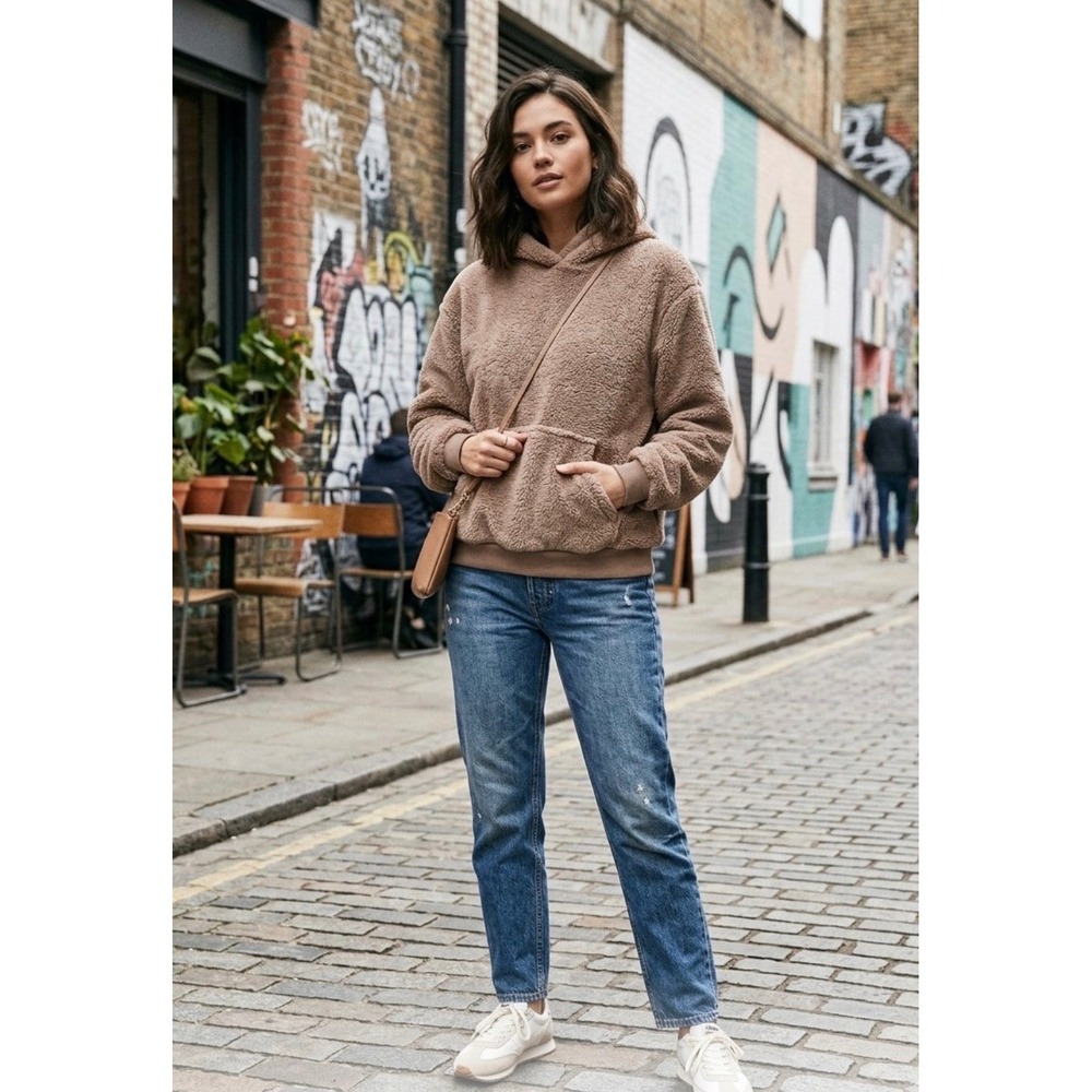 Urban Outfitters Teddy Fleece Hoodie Taupe Brown Sherpa Pullover Sweatshirt M